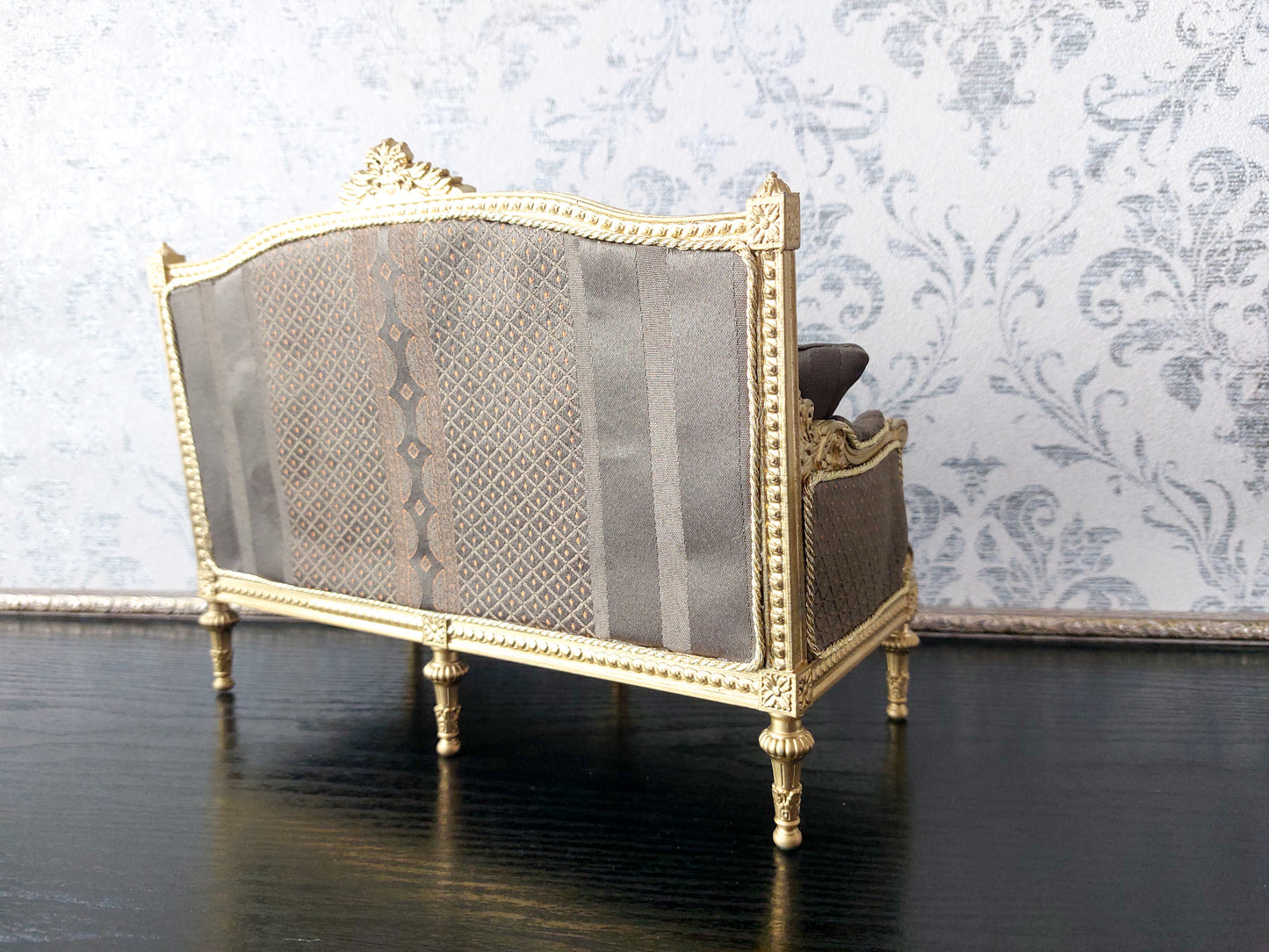 Classical sofa and armchair for dolls, Louis XVI style, gold & green