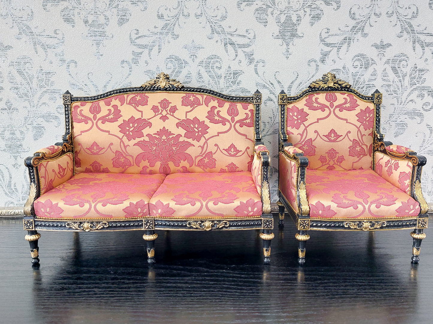 Classical sofa and armchair for dolls, Louis XVI style, black & gold red