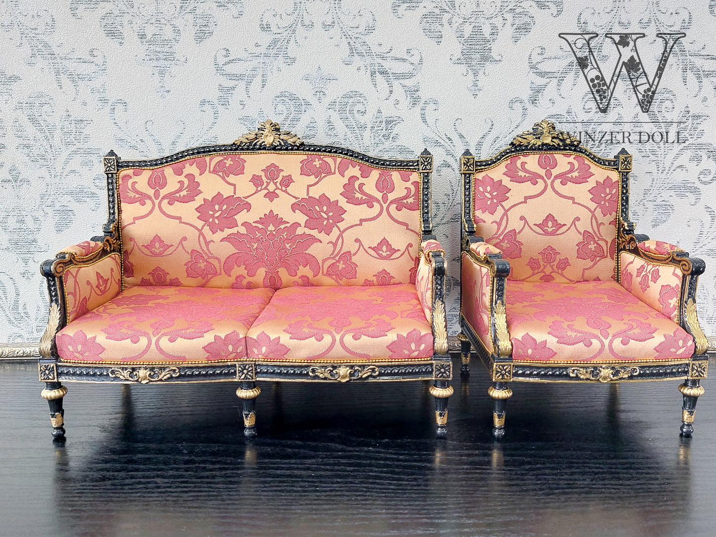 Classical sofa and armchair for dolls, Louis XVI style, black & gold red