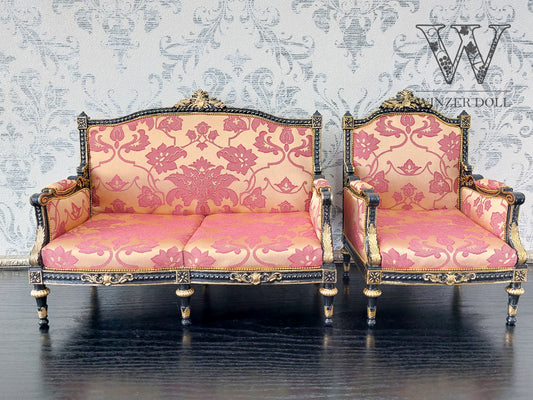 Classical sofa and armchair for dolls, Louis XVI style, black & gold red