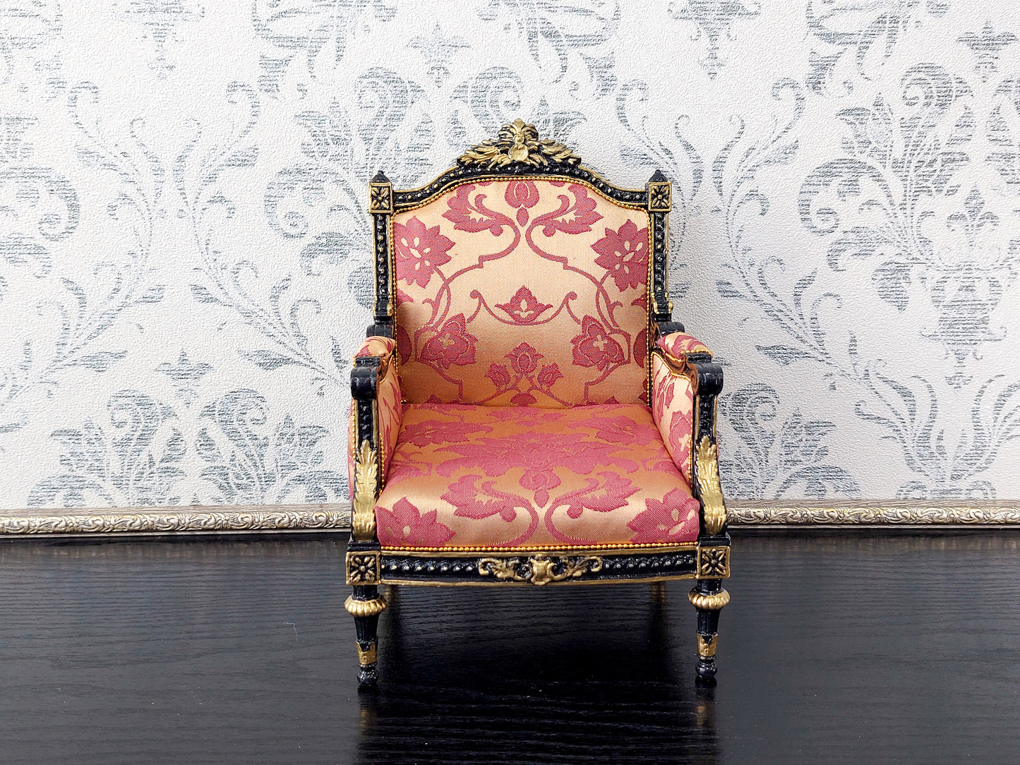 Classical sofa and armchair for dolls, Louis XVI style, black & gold red