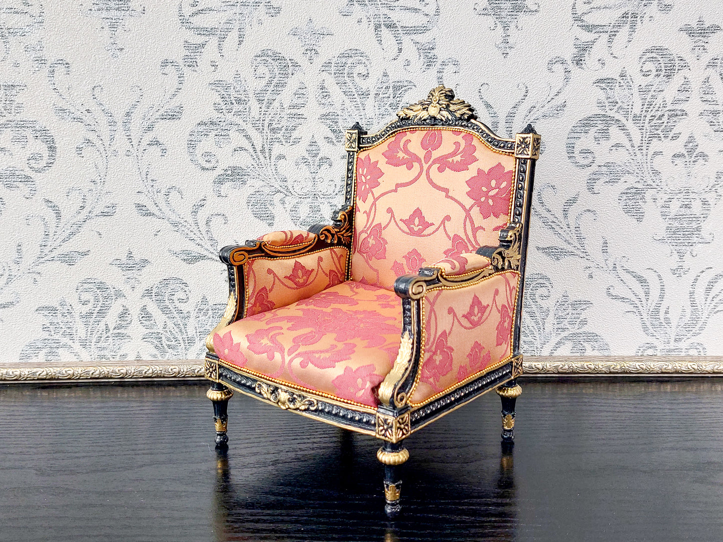 Classical sofa and armchair for dolls, Louis XVI style, black & gold red