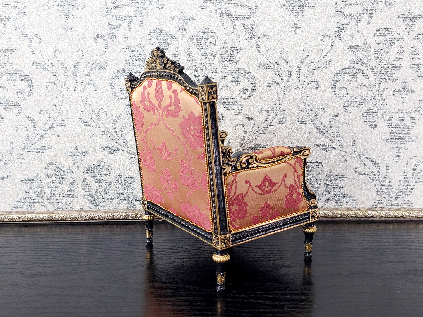 Classical sofa and armchair for dolls, Louis XVI style, black & gold red