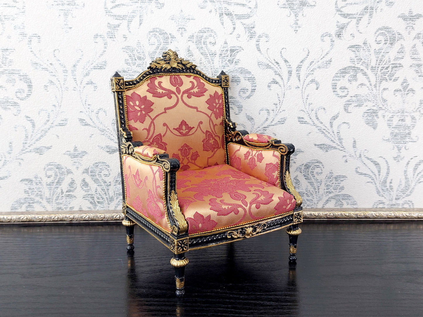 Classical sofa and armchair for dolls, Louis XVI style, black & gold red