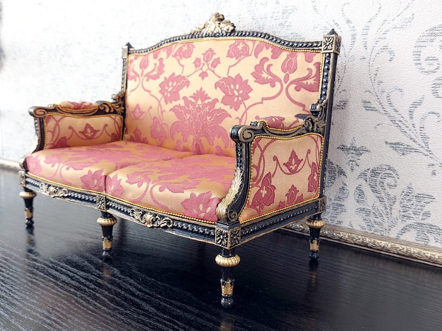 Classical sofa and armchair for dolls, Louis XVI style, black & gold red