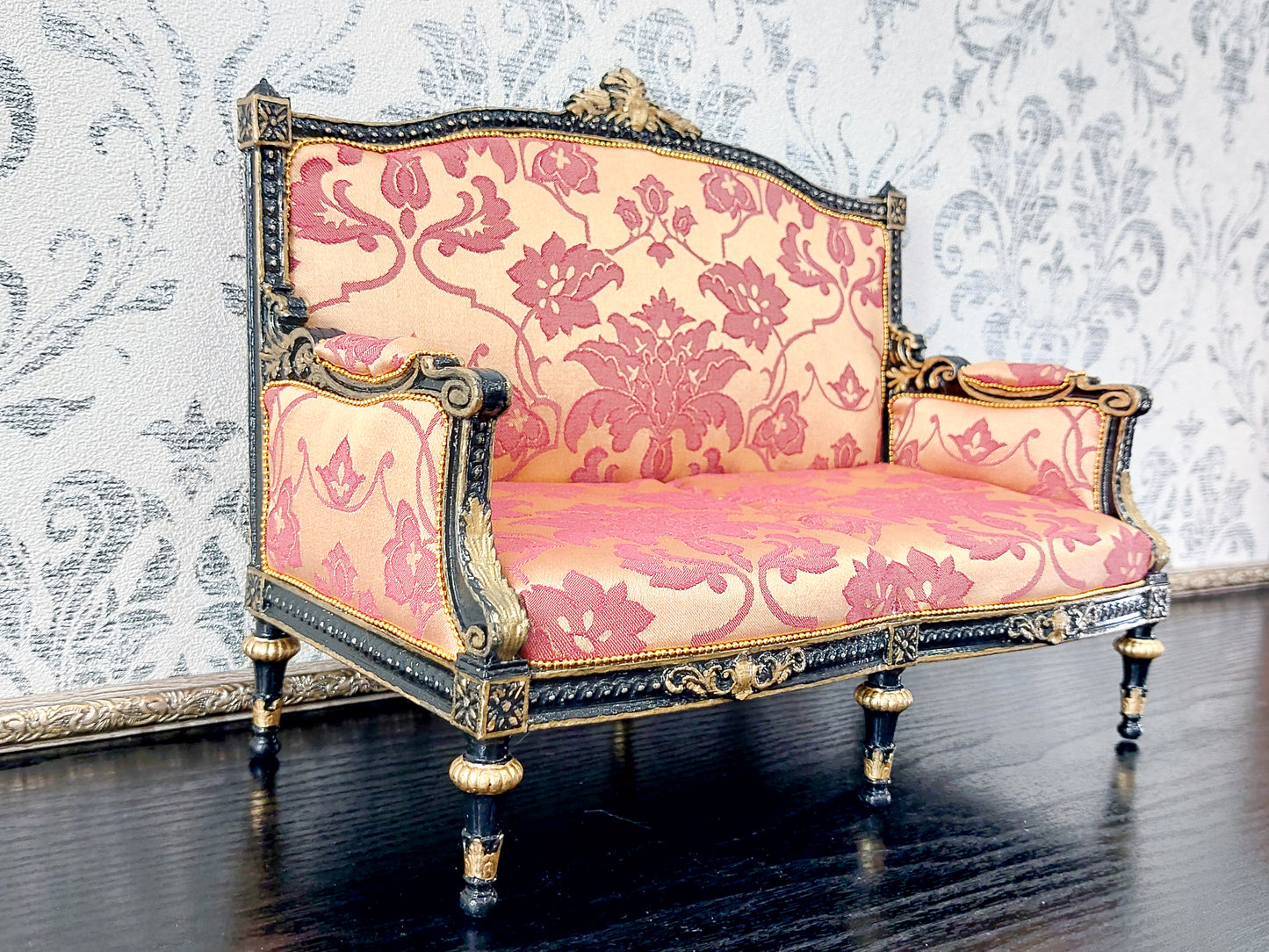 Classical sofa and armchair for dolls, Louis XVI style, black & gold red
