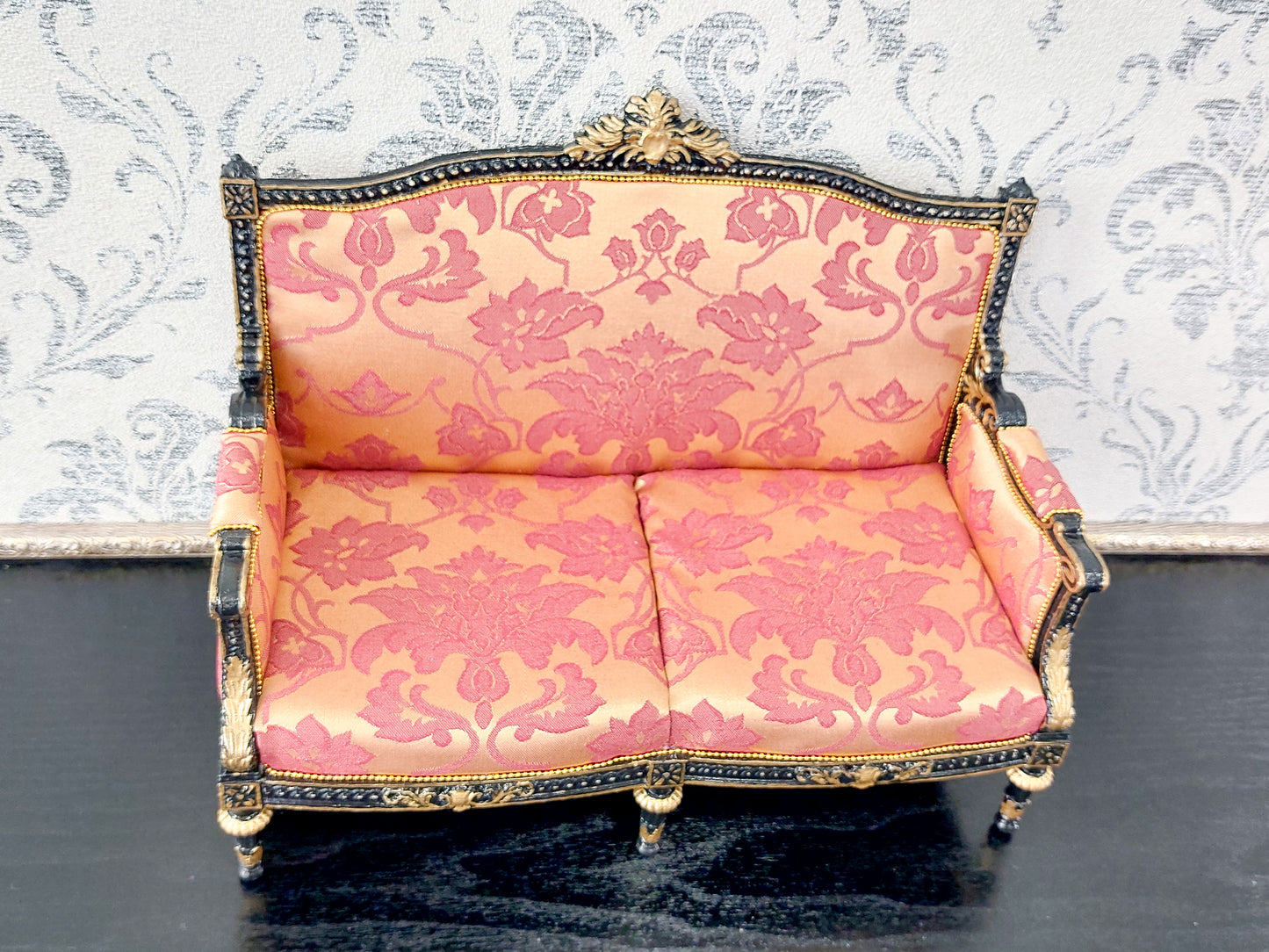 Classical sofa and armchair for dolls, Louis XVI style, black & gold red