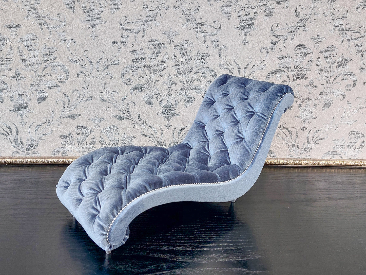 Reserved - Chaise lounge wave, Chesterfield queen, blue gray velvet