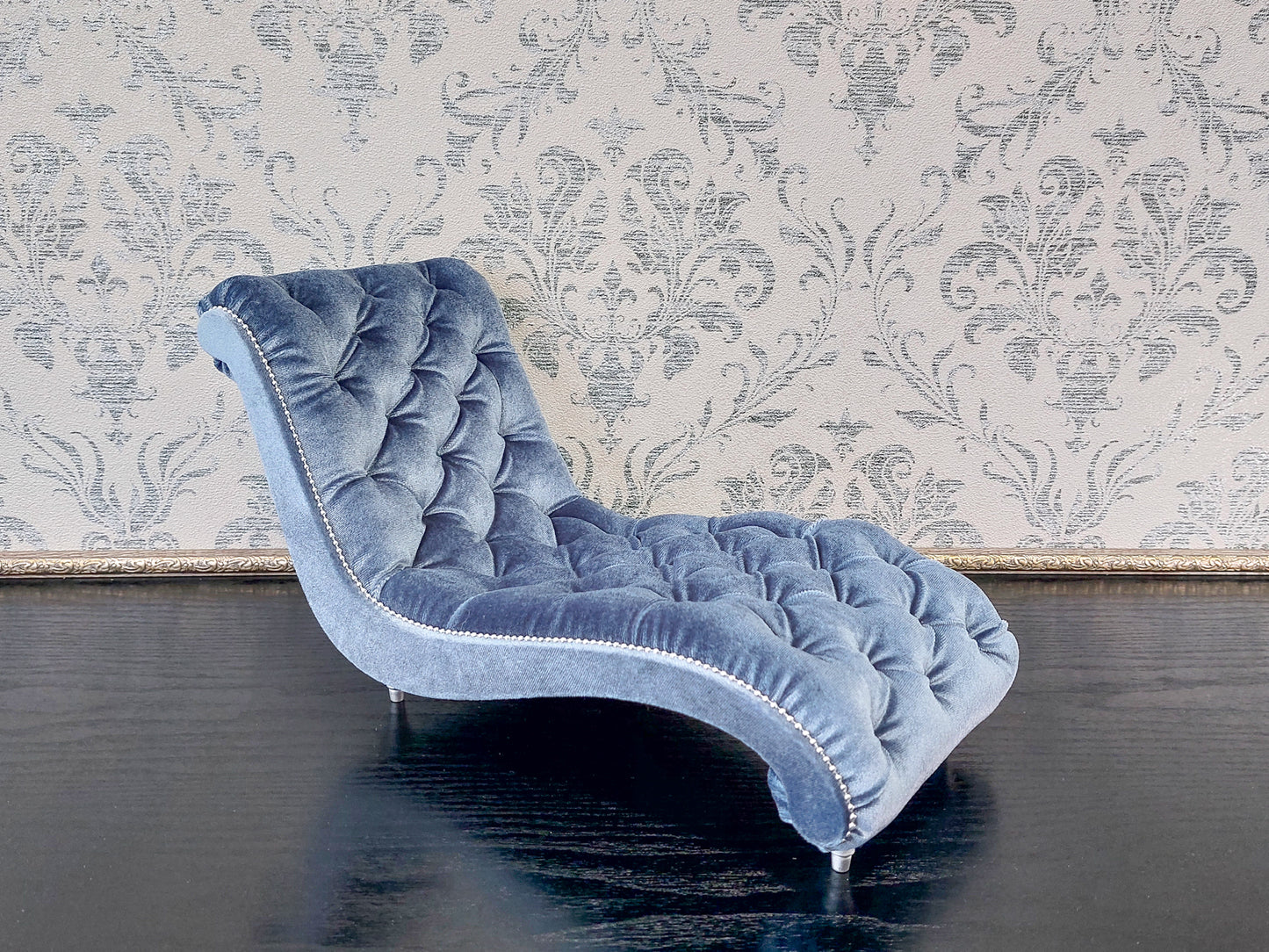 Reserved - Chaise lounge wave, Chesterfield queen, blue gray velvet