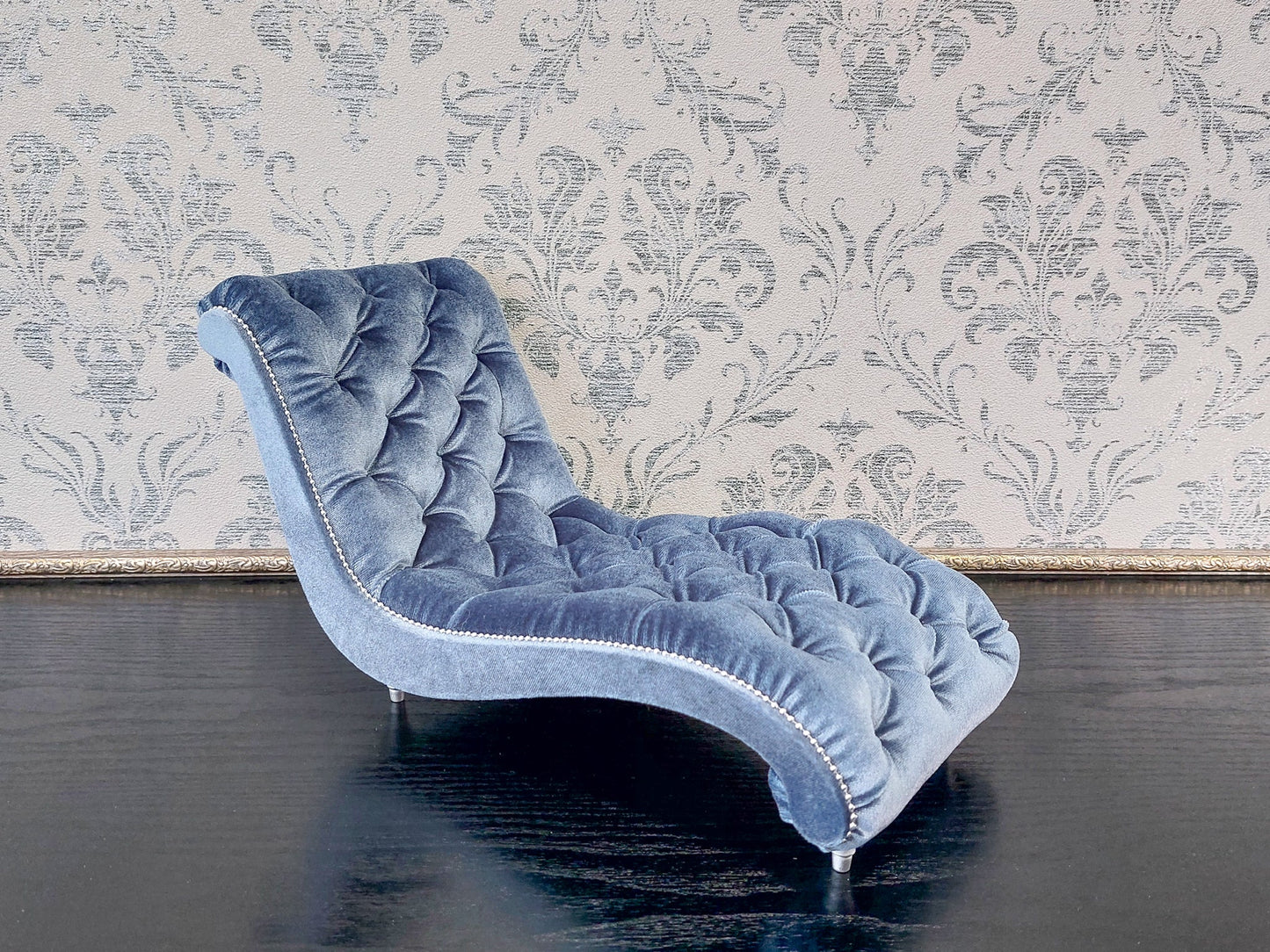 Reserved - Chaise lounge wave, Chesterfield queen, blue gray velvet