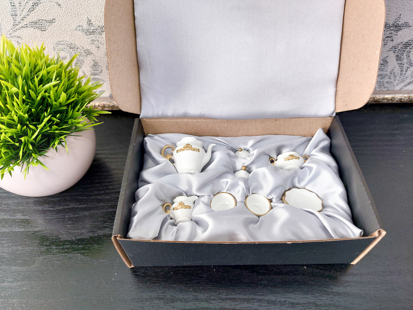Doll tea set for two persons, white & gold