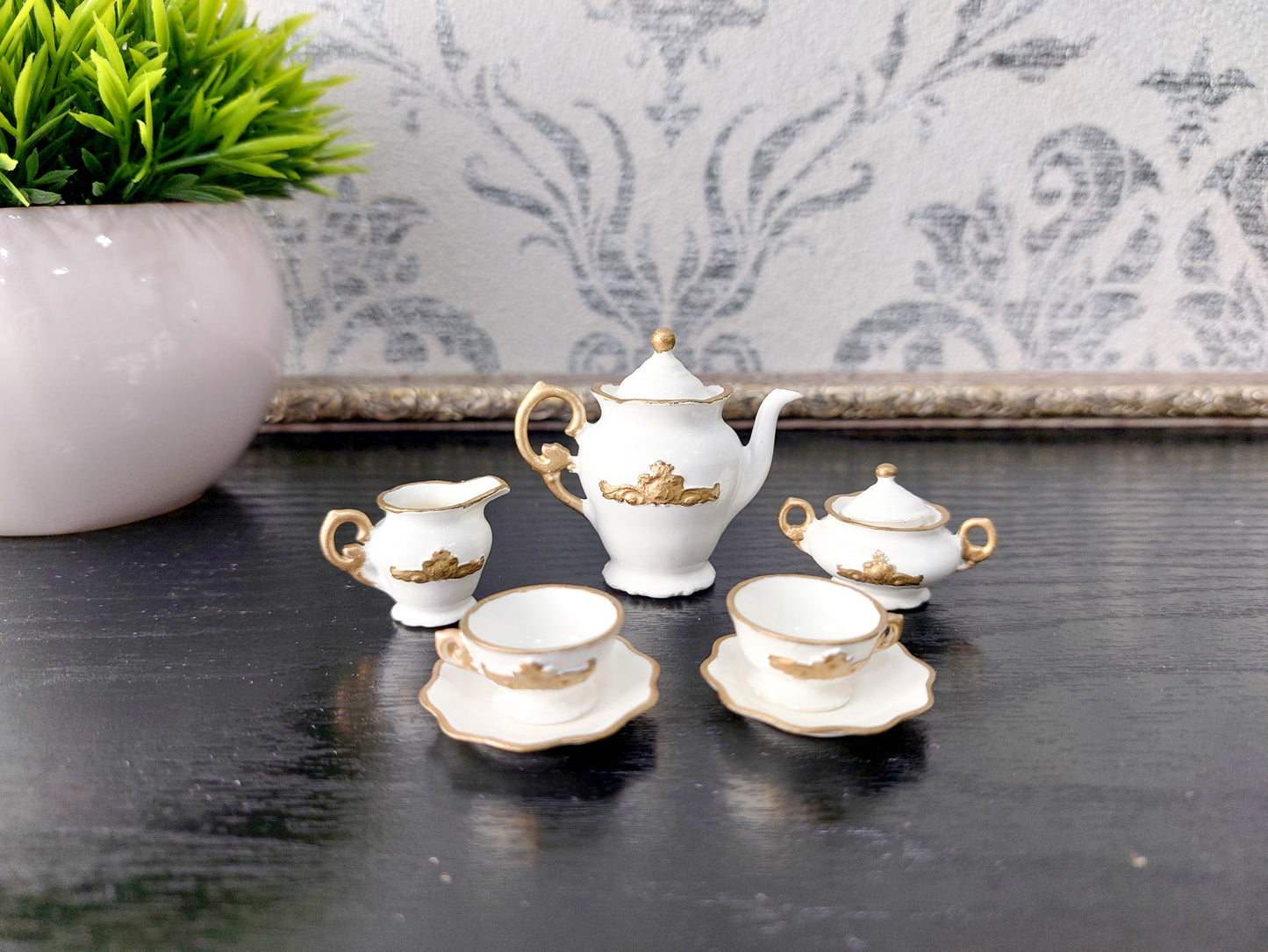 Doll tea set for two persons, white & gold