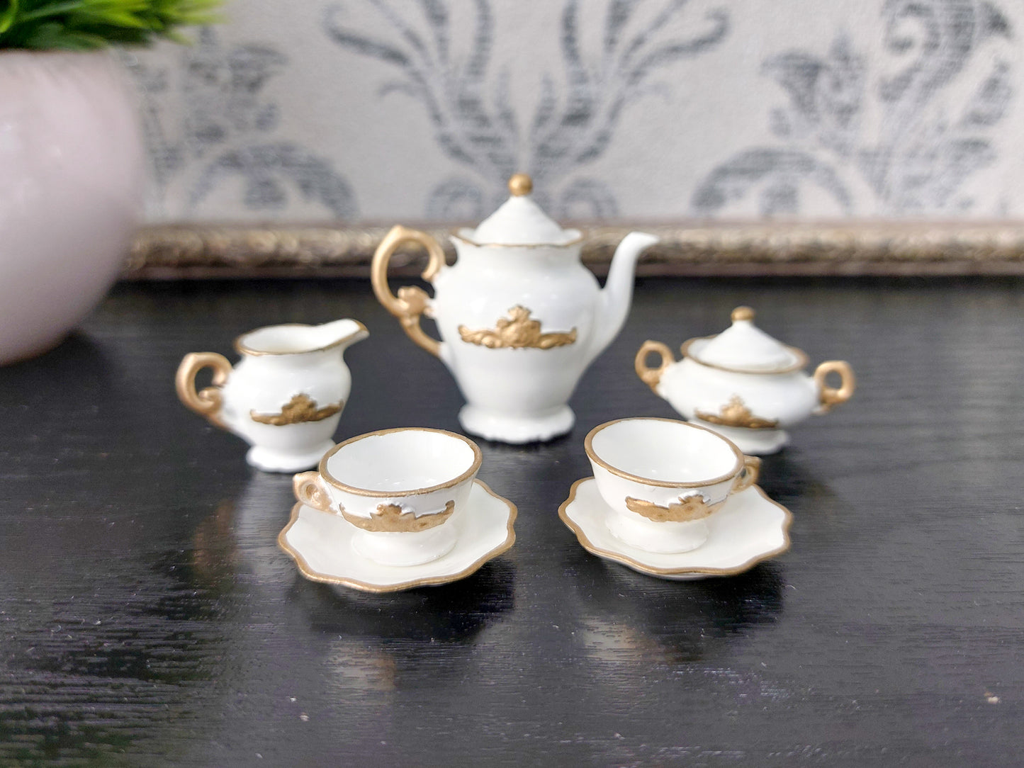 Doll tea set for two persons, white & gold