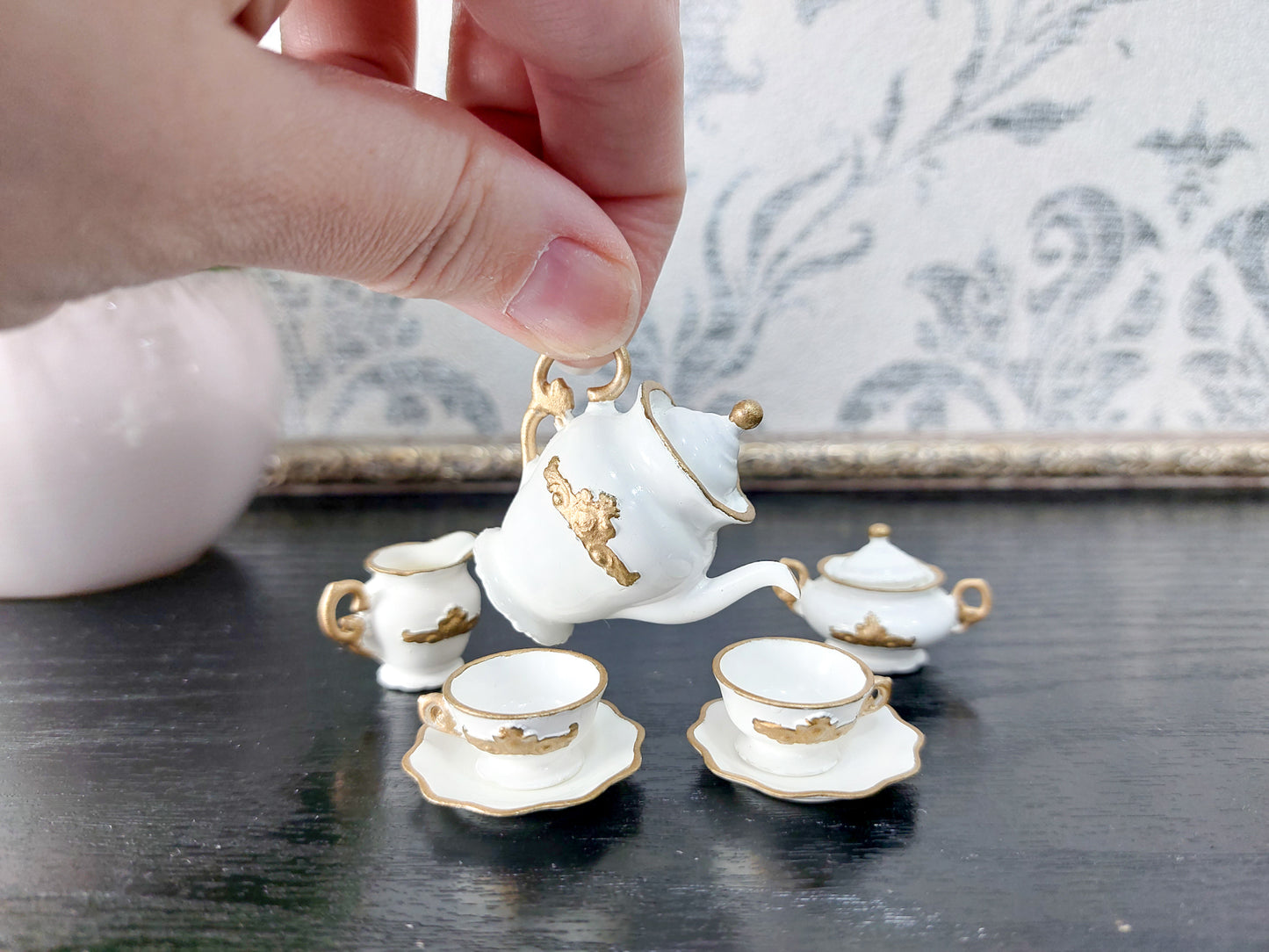 Doll tea set for two persons, white & gold