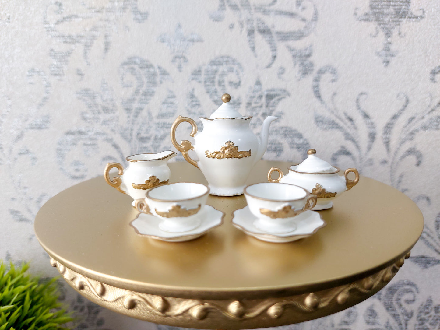 Doll tea set for two persons, white & gold