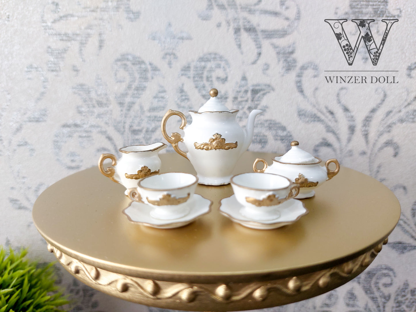 Doll tea set for two persons, white & gold