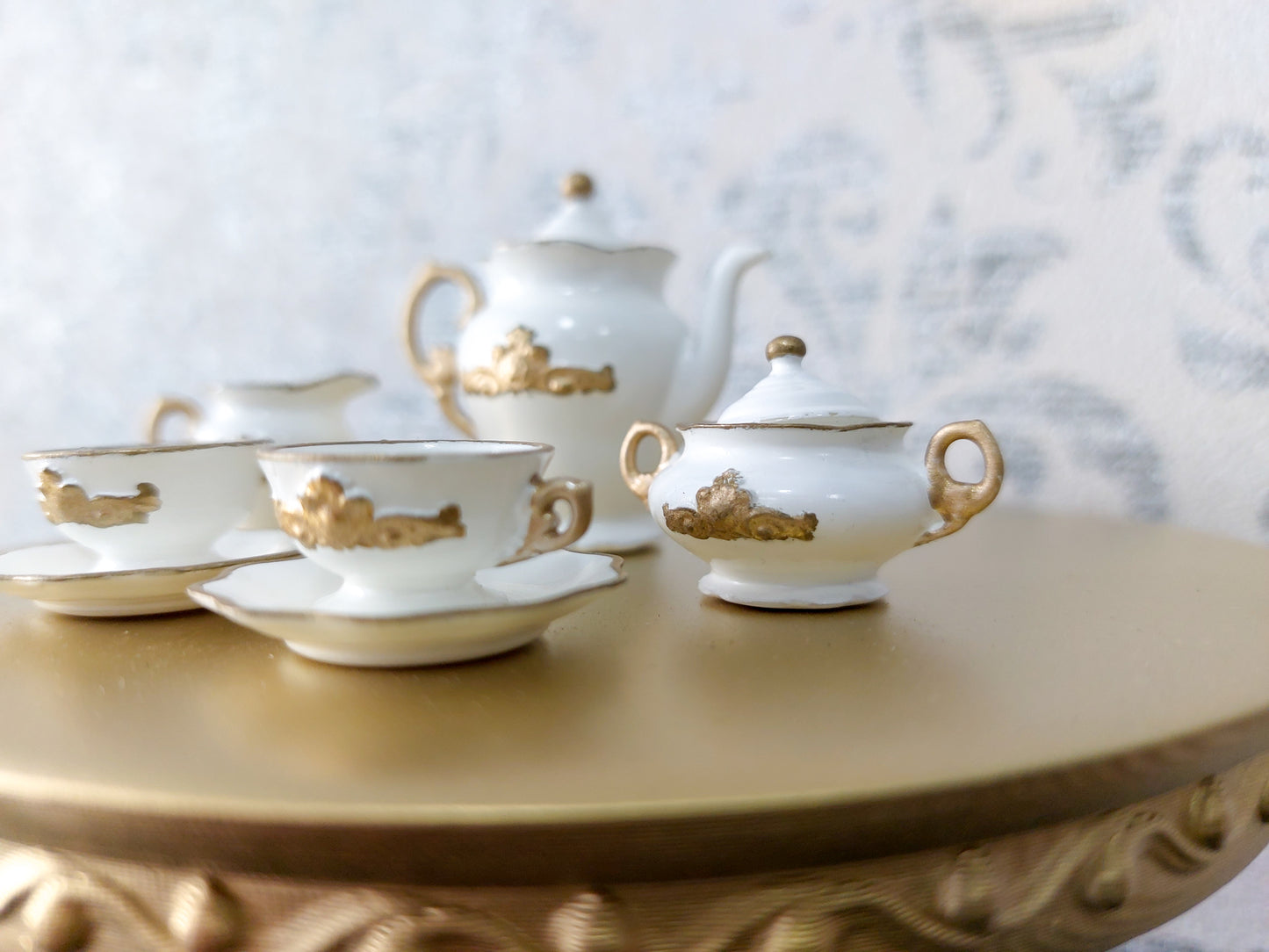 Doll tea set for two persons, white & gold