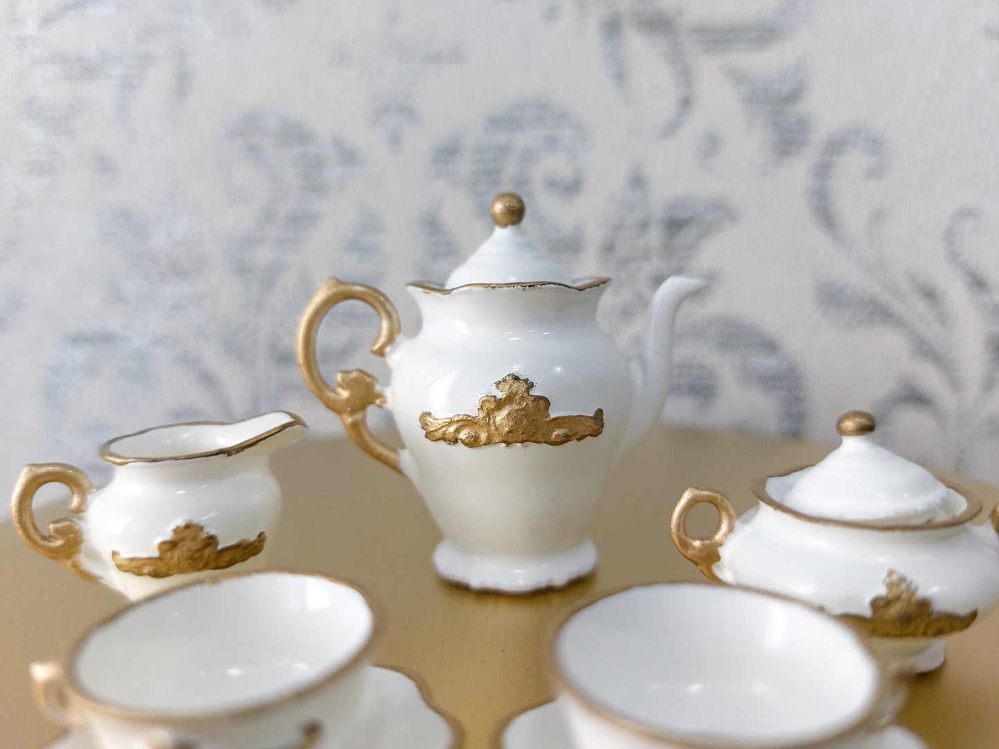 Doll tea set for two persons, white & gold