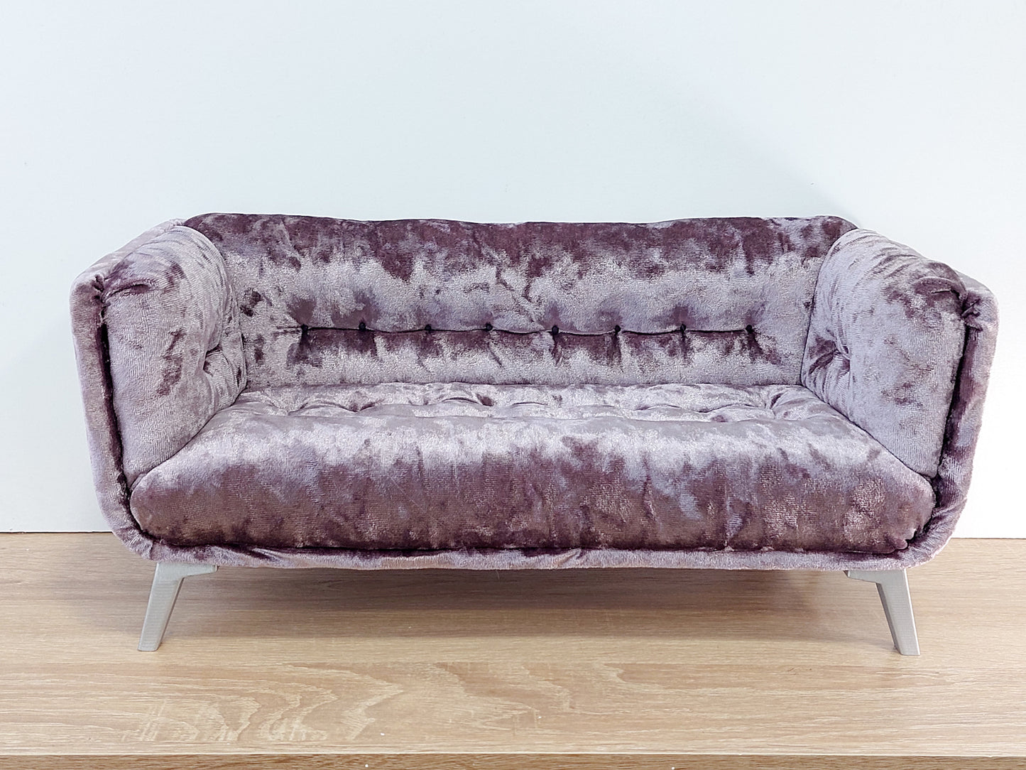 Modern sofa for dolls, mauve velvet
