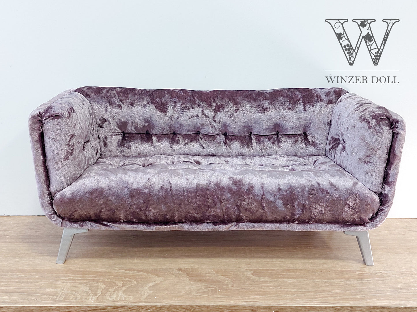 Modern sofa for dolls, mauve velvet