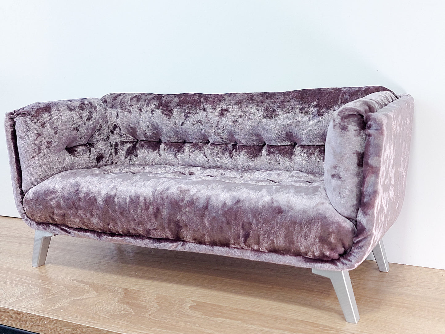Modern sofa for dolls, mauve velvet