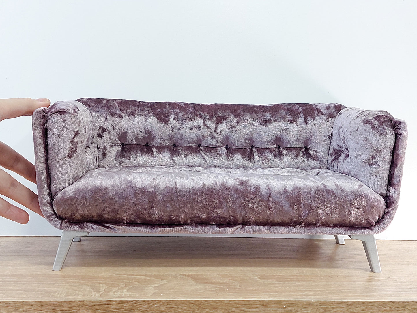 Modern sofa for dolls, mauve velvet
