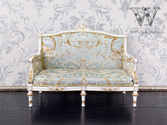 Classical sofa for dolls, Louis XVI style, white & azure