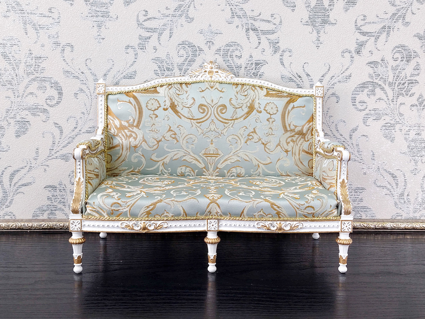 Classical sofa for dolls, Louis XVI style, white & azure