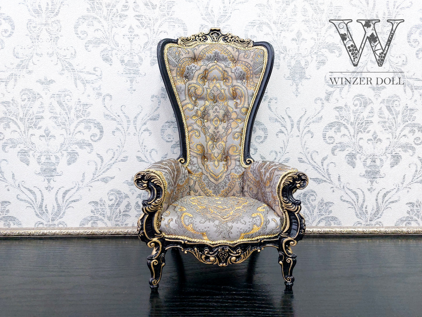 Baroque throne for dolls, black & gold