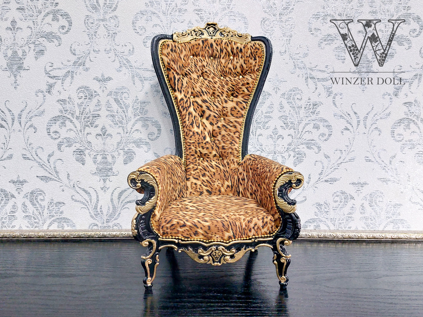 Baroque throne for dolls, black & leopard print