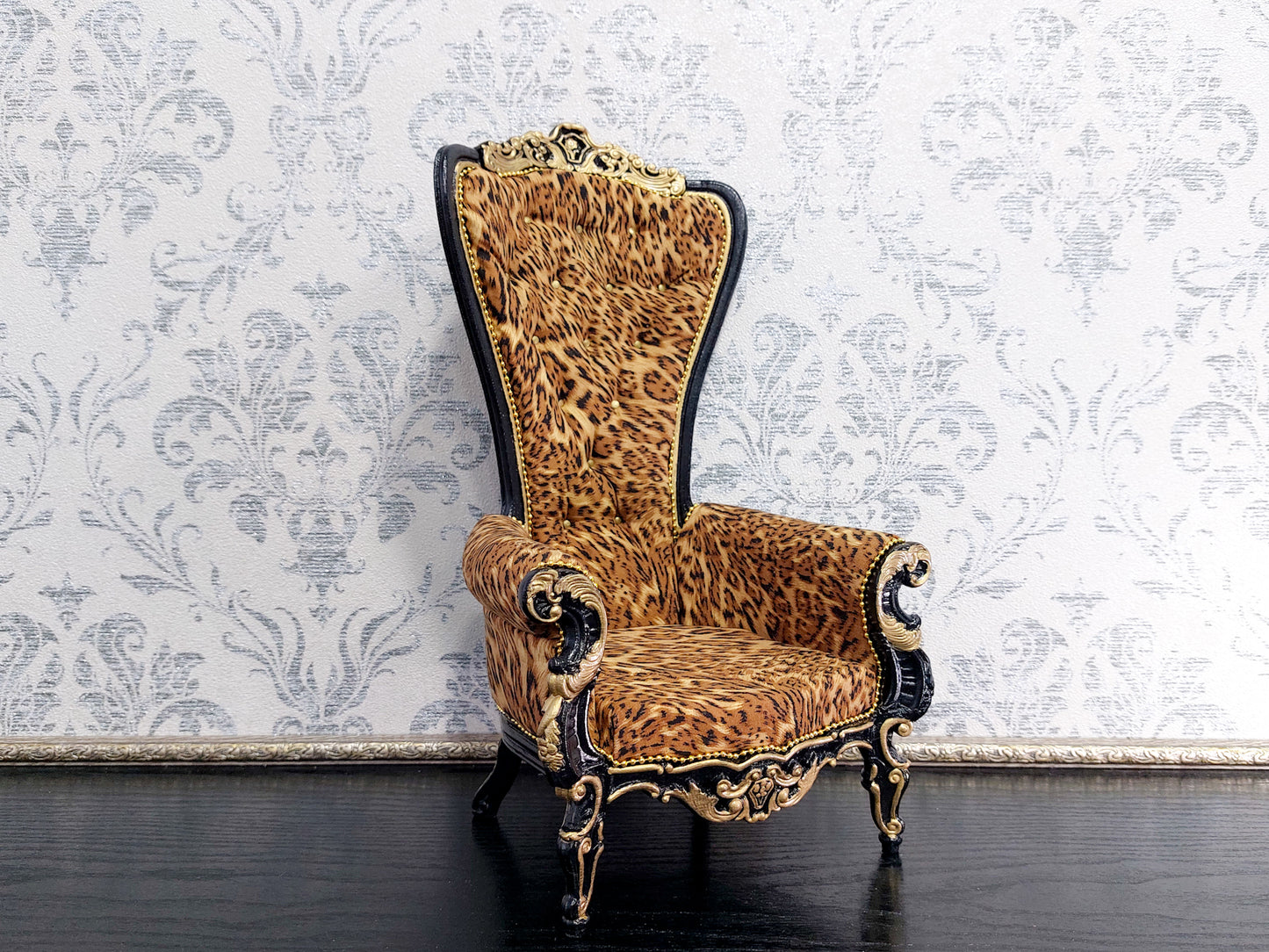 Baroque throne for dolls, black & leopard print