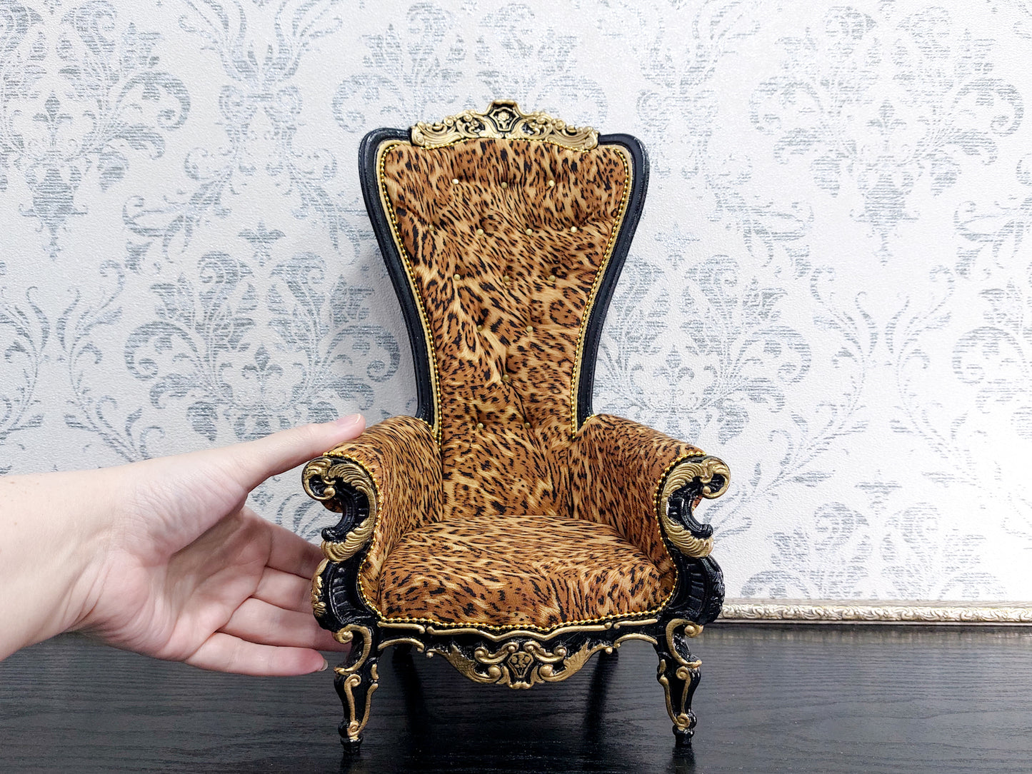 Baroque throne for dolls, black & leopard print