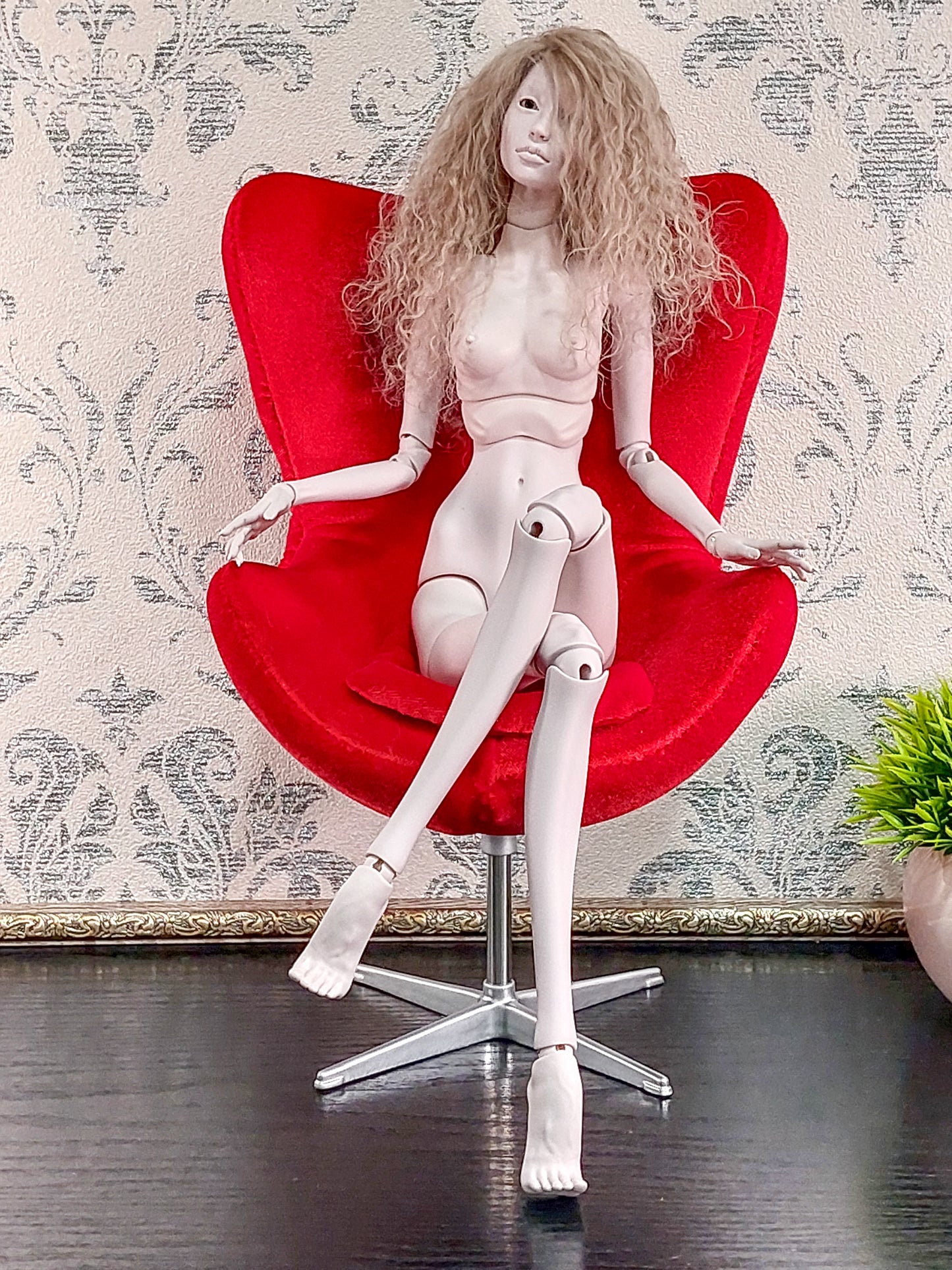 Egg chair, red velvet
