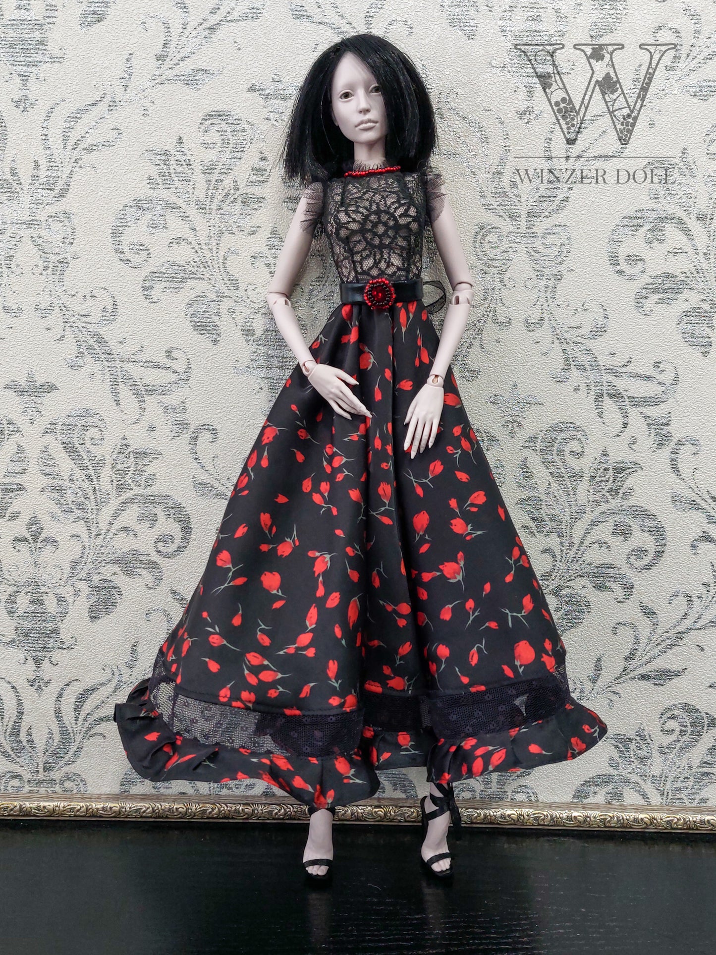 Doll dress, black with red flowers
