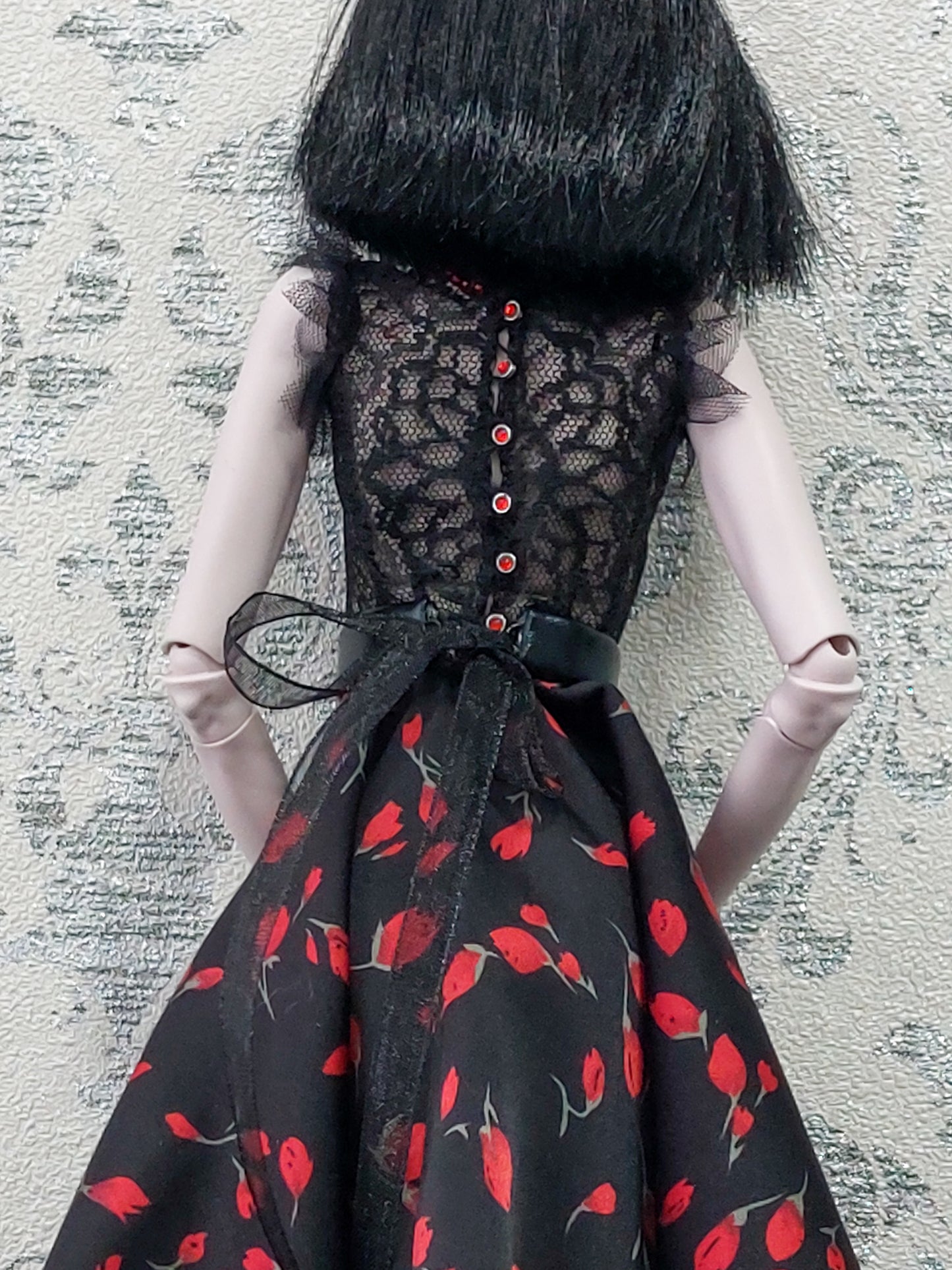 Doll dress, black with red flowers
