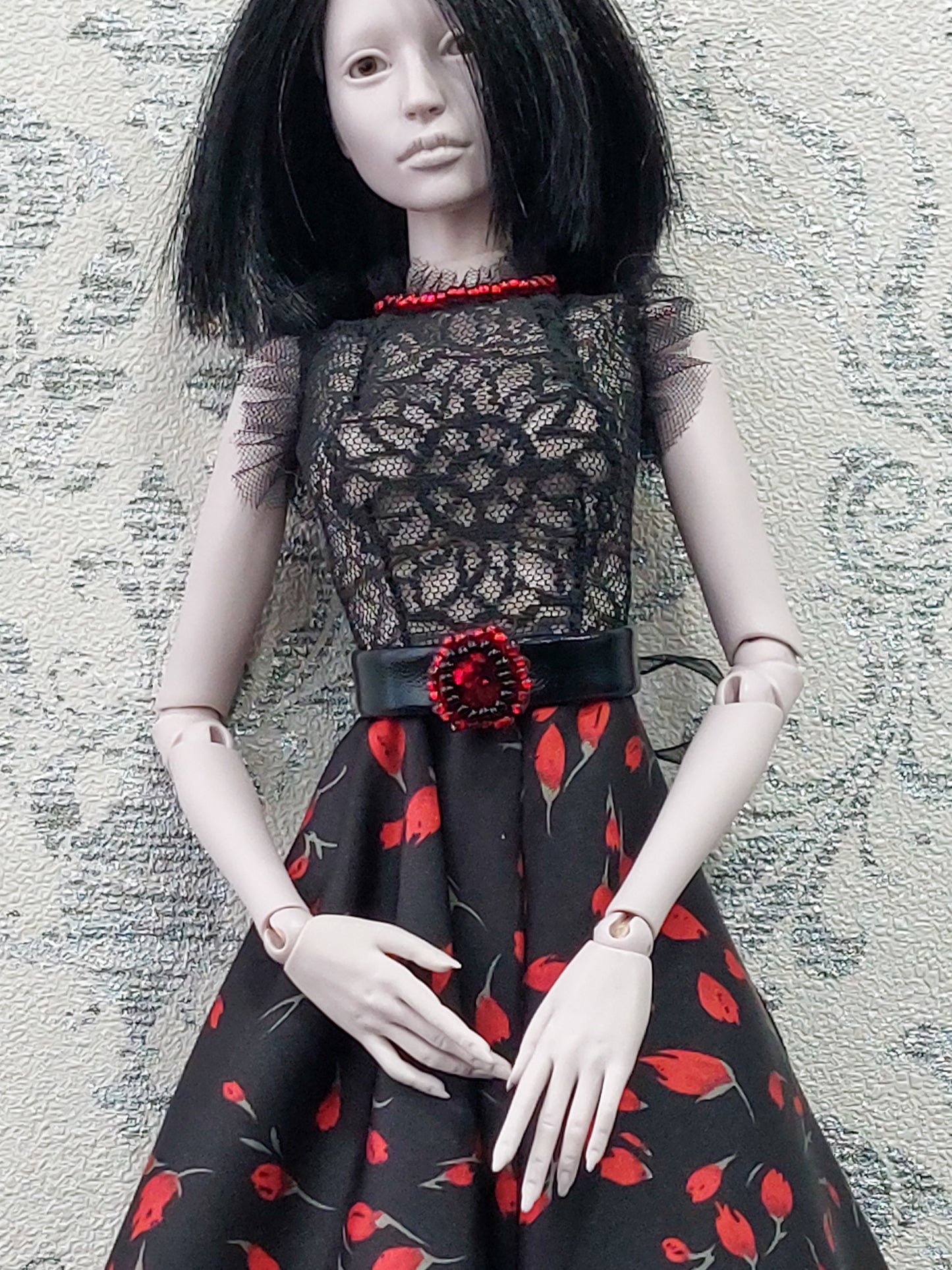 Doll dress, black with red flowers