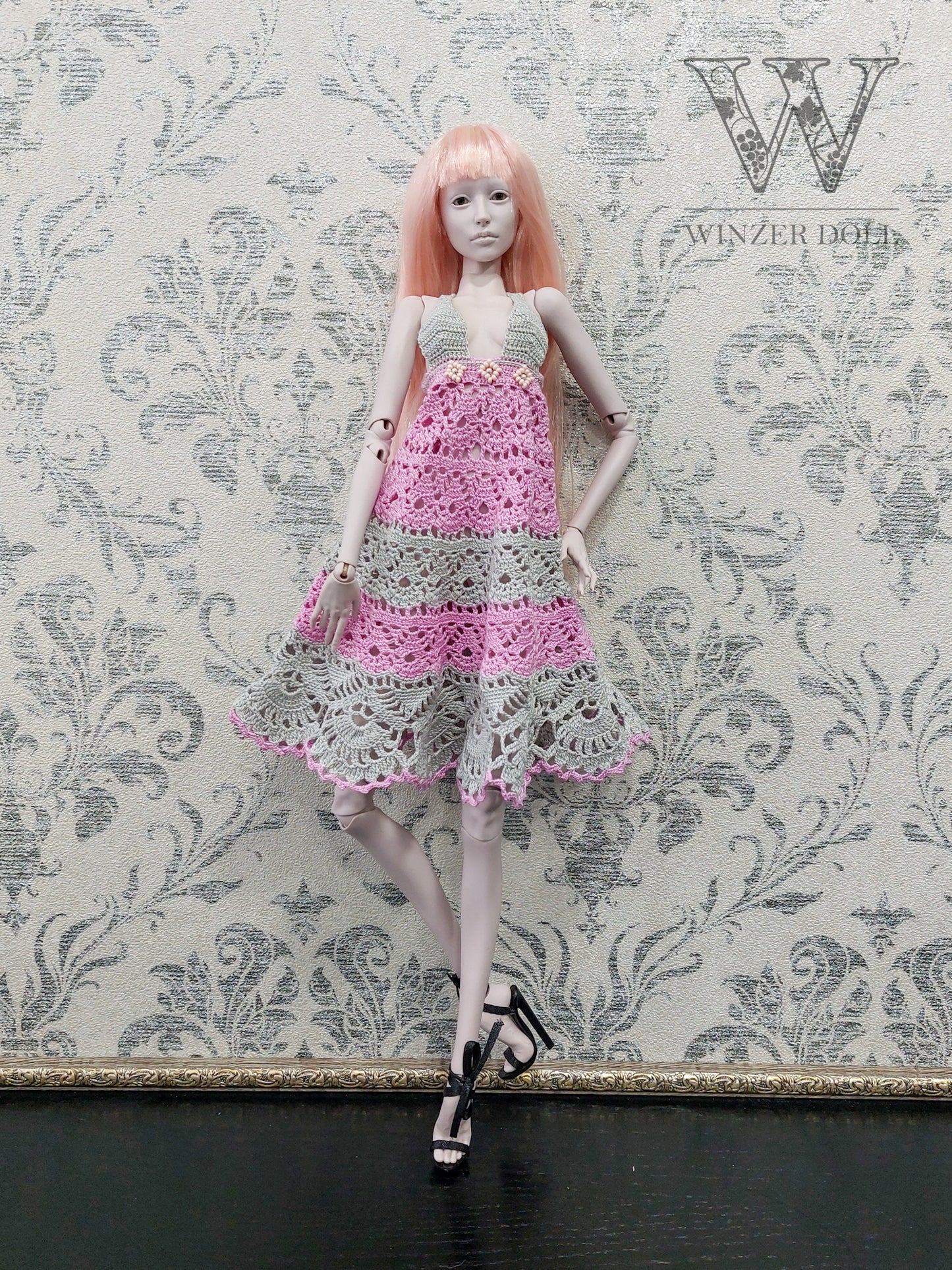 Knitted sundress, pink & gray