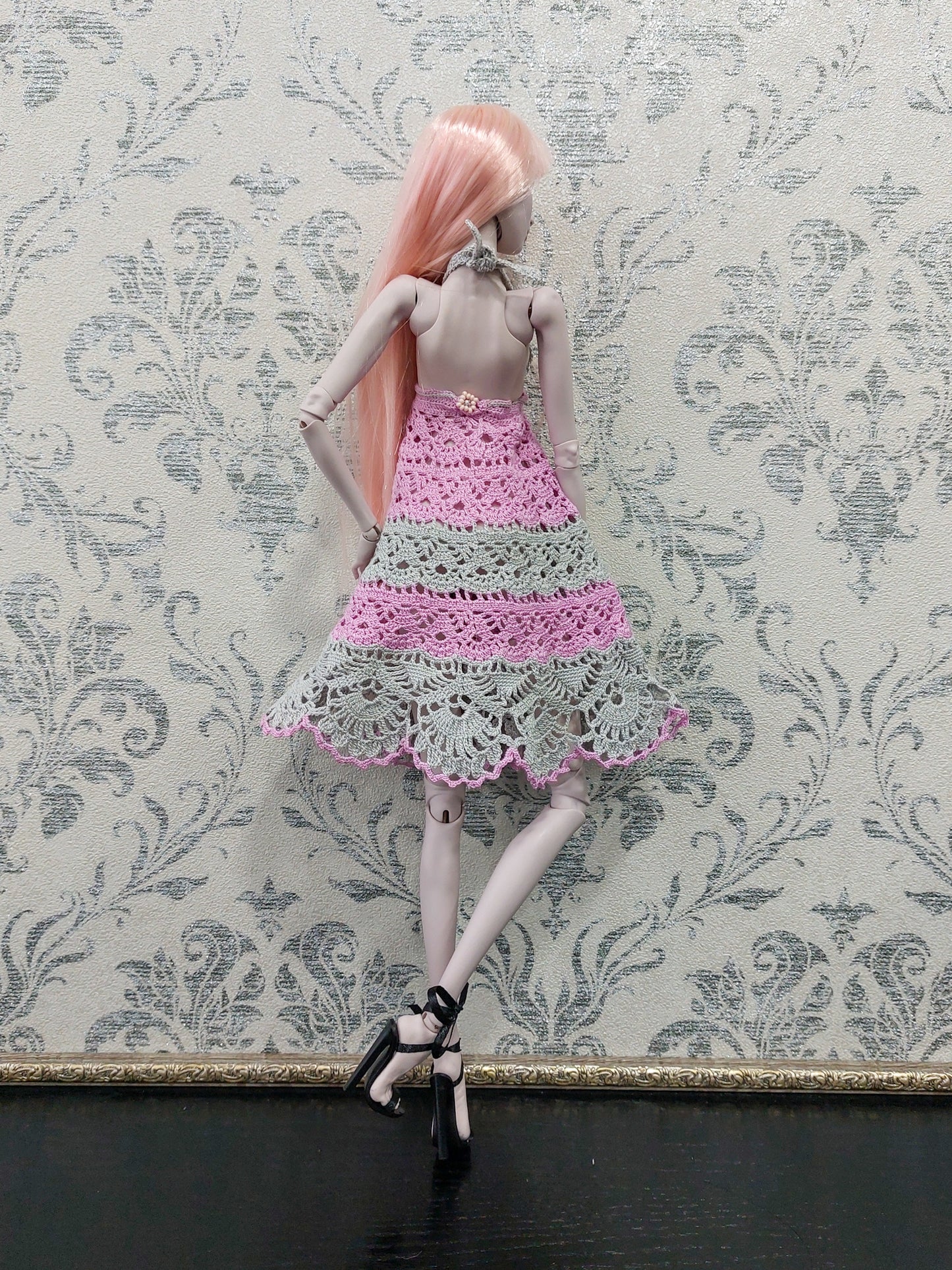 Knitted sundress, pink & gray