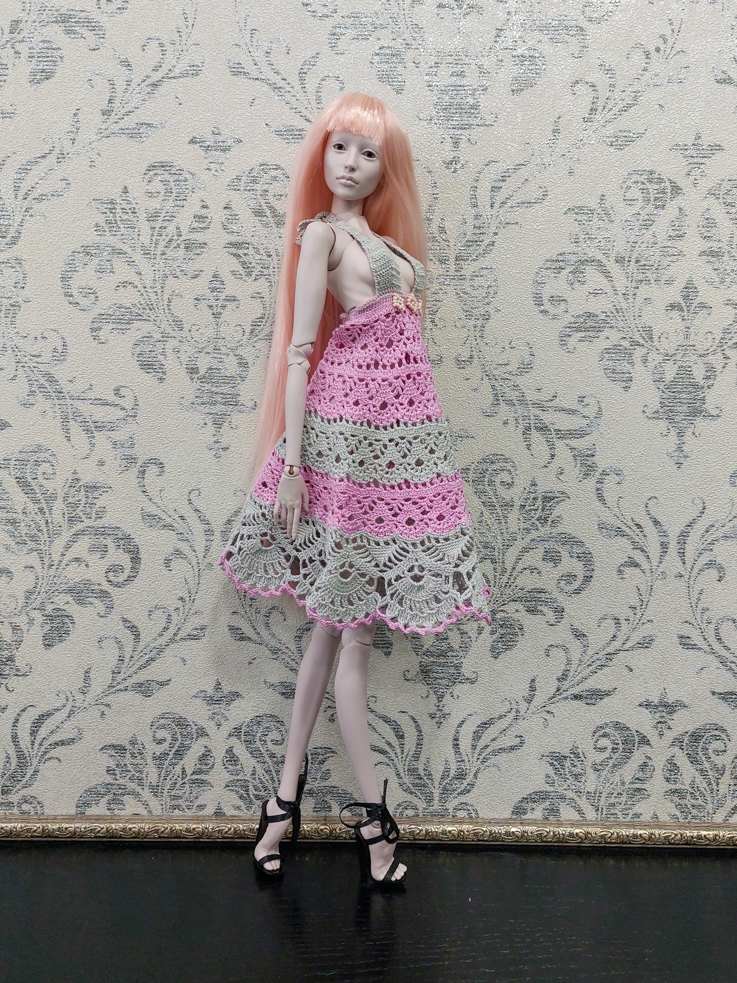 Knitted sundress, pink & gray