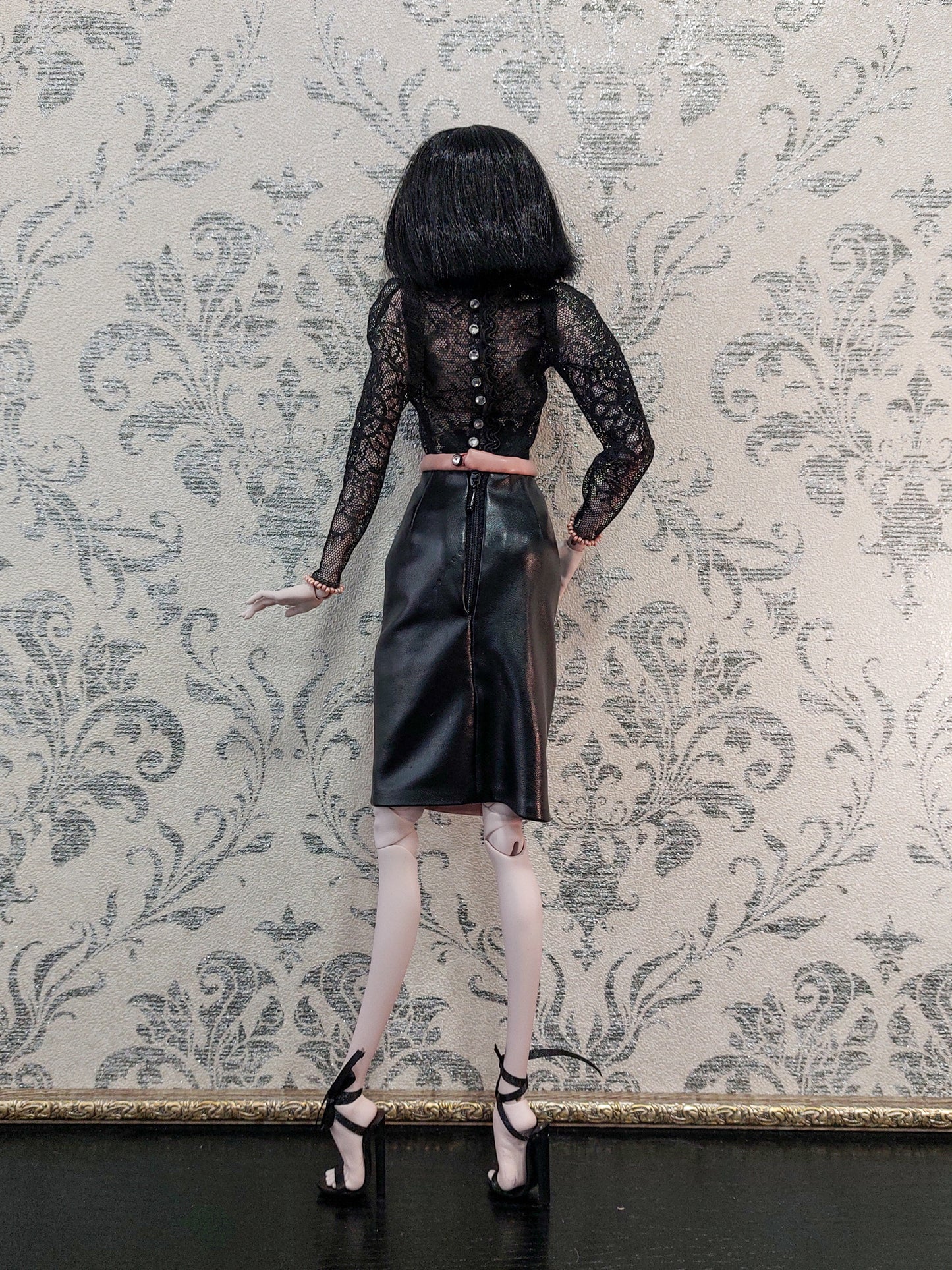 Lace blouse and PU leather skirt, black & pink