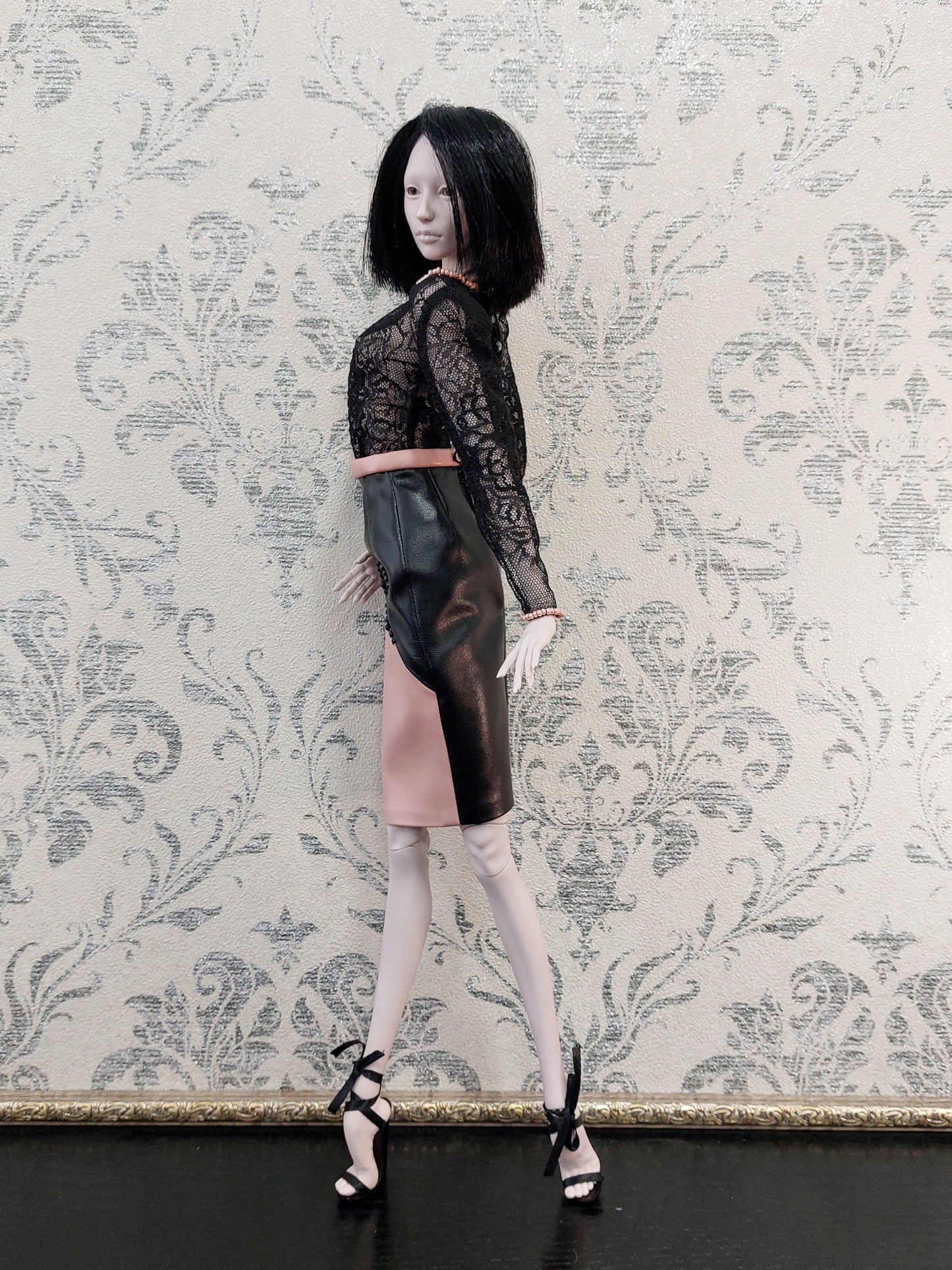 Lace blouse and PU leather skirt, black & pink