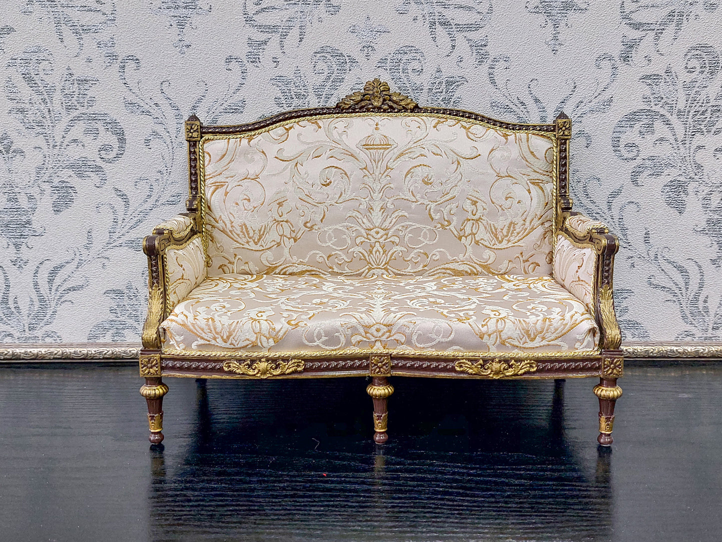 Classical sofa for dolls, Louis XVI style, brown & beige