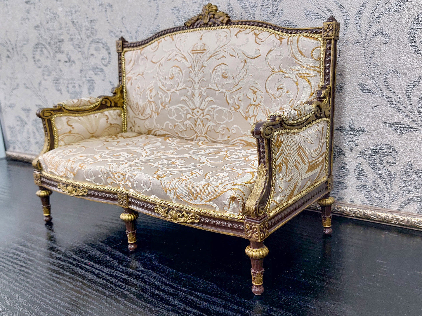 Classical sofa for dolls, Louis XVI style, brown & beige