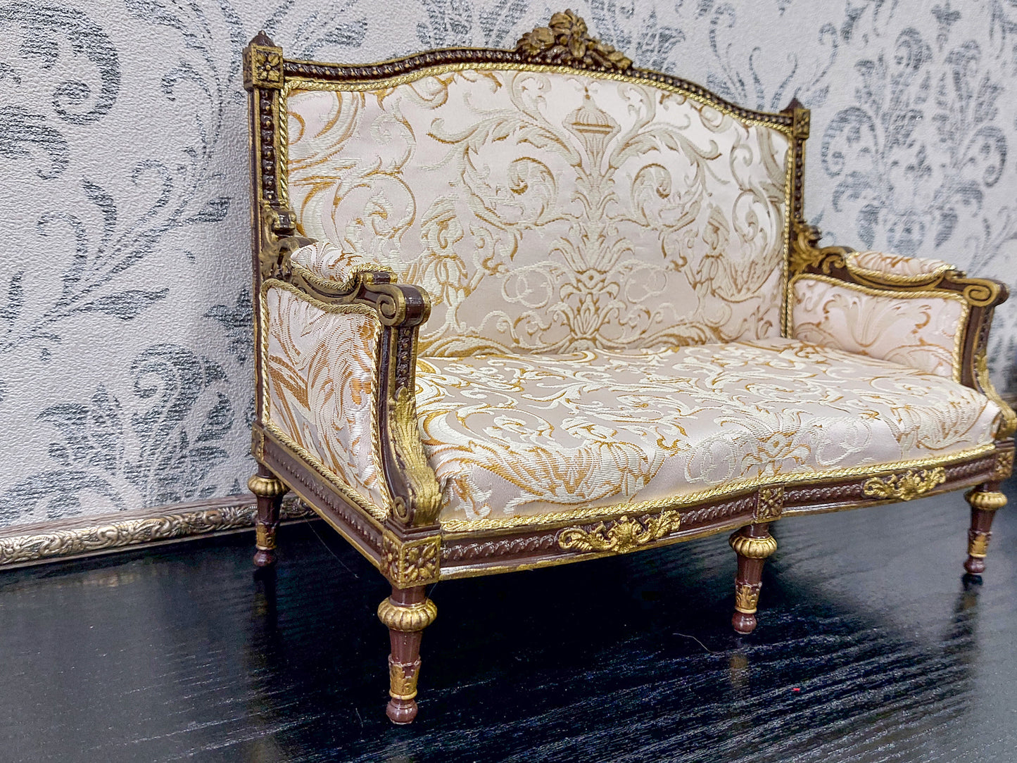 Classical sofa for dolls, Louis XVI style, brown & beige