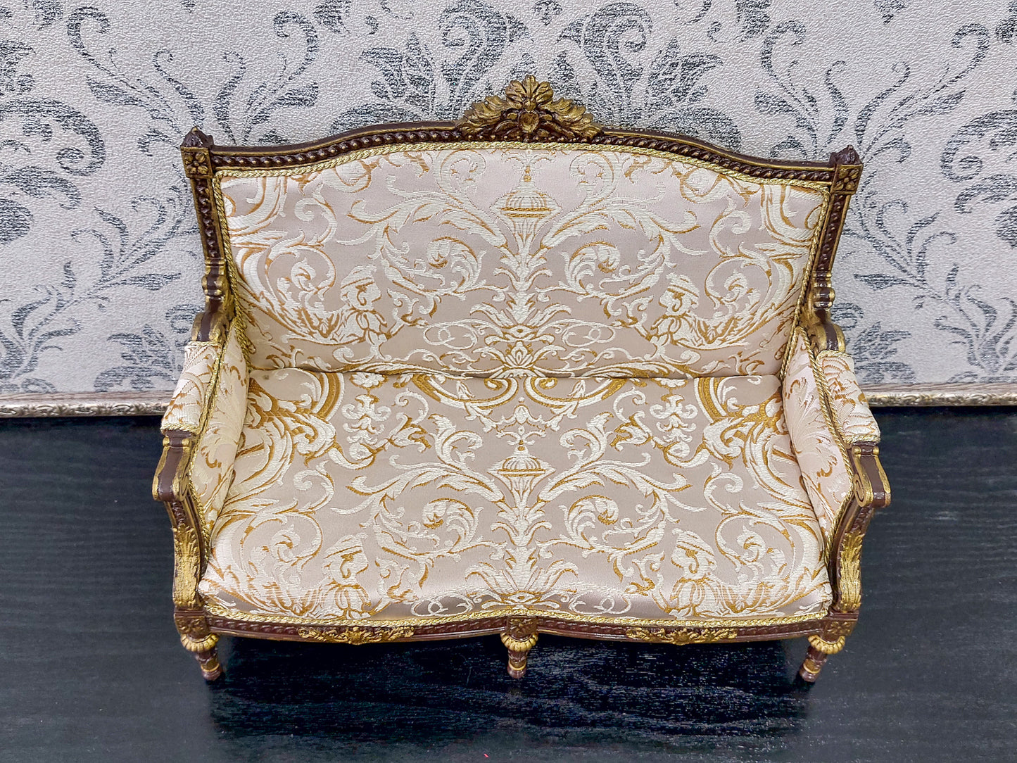 Classical sofa for dolls, Louis XVI style, brown & beige