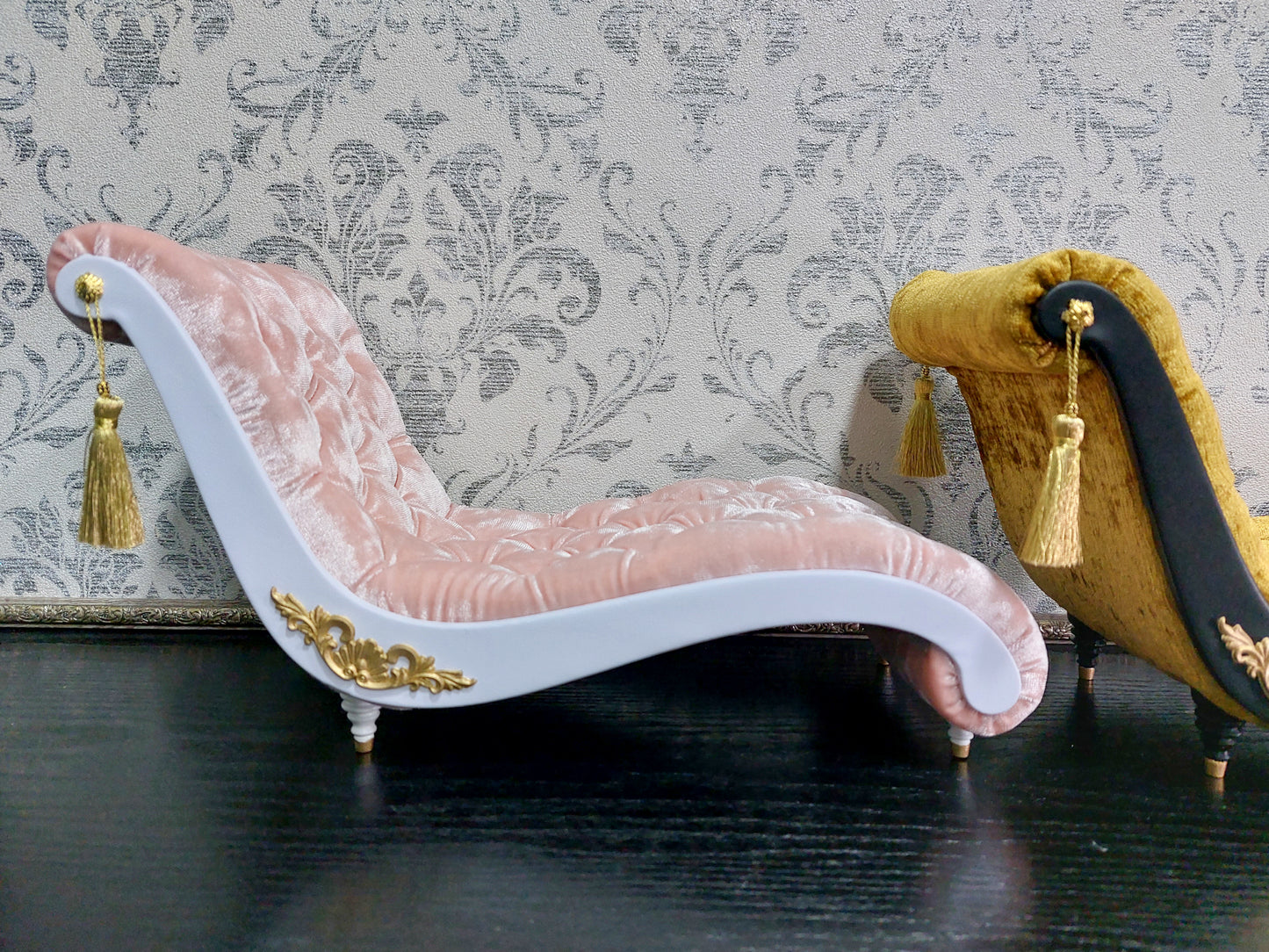 Reserved - Two chaise lounges, Antoinette chair, doll stand