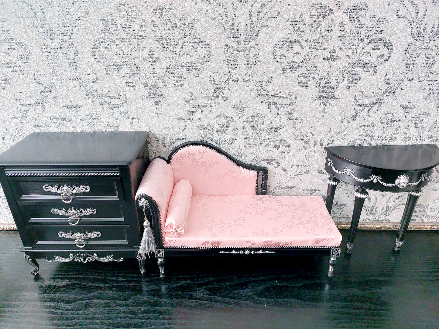 Reserved - 1/4 Dresser, console table, chaise lounge, black & silver