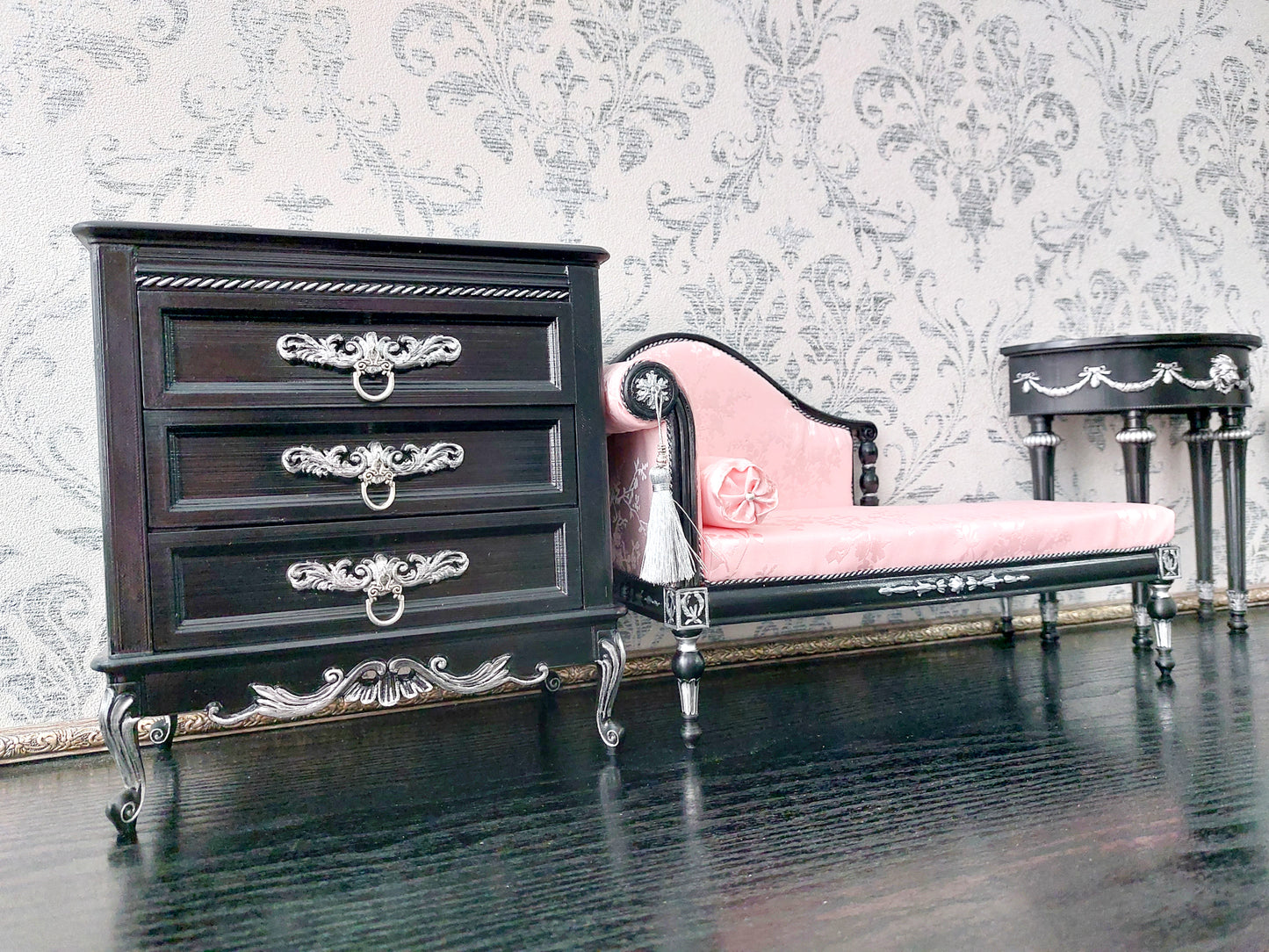 Reserved - 1/4 Dresser, console table, chaise lounge, black & silver