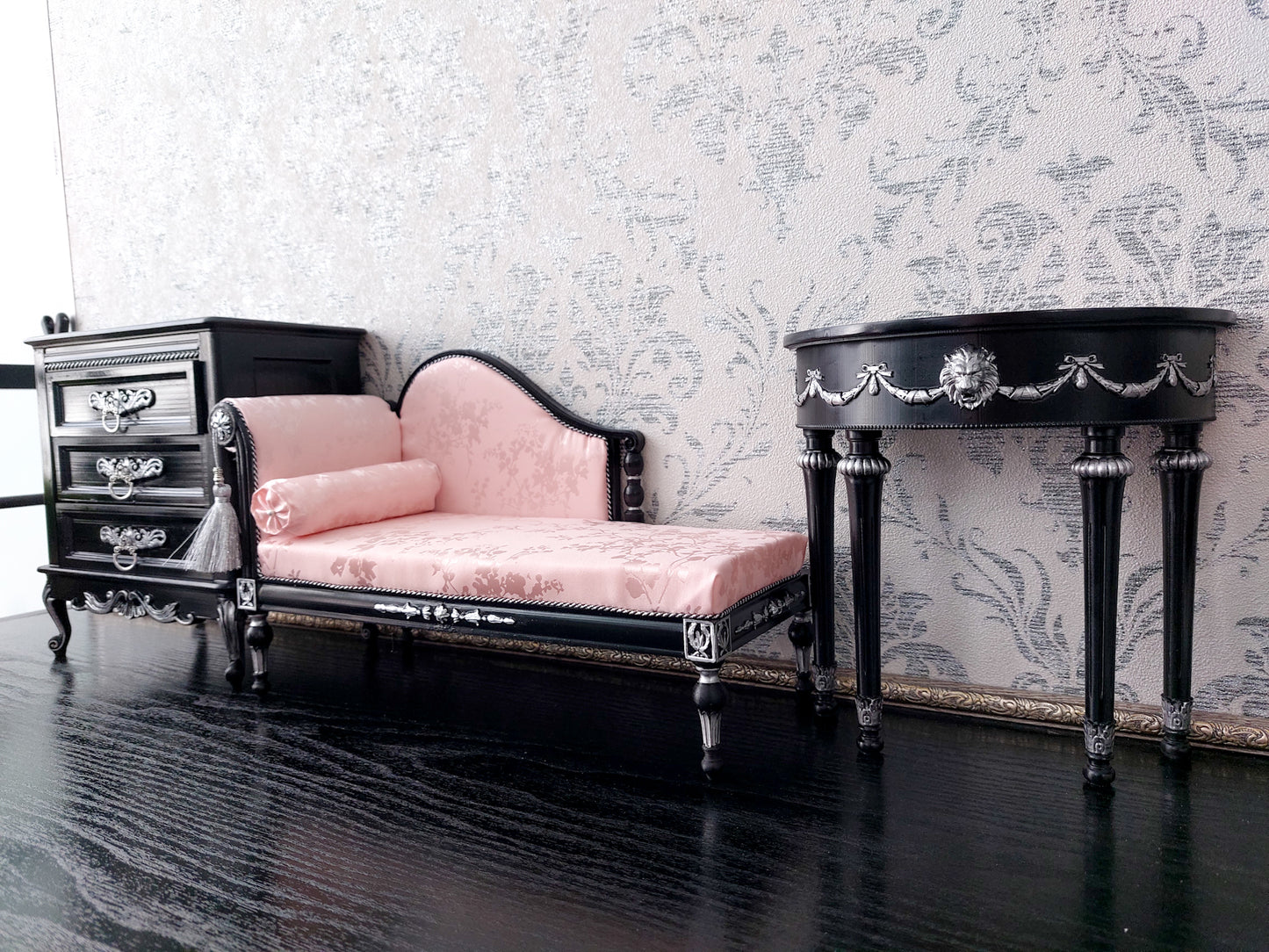 Reserved - 1/4 Dresser, console table, chaise lounge, black & silver