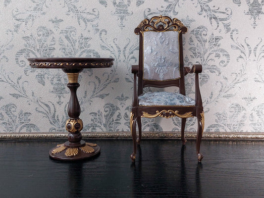 Reserved - 1/4 chair and round table, brown & gold